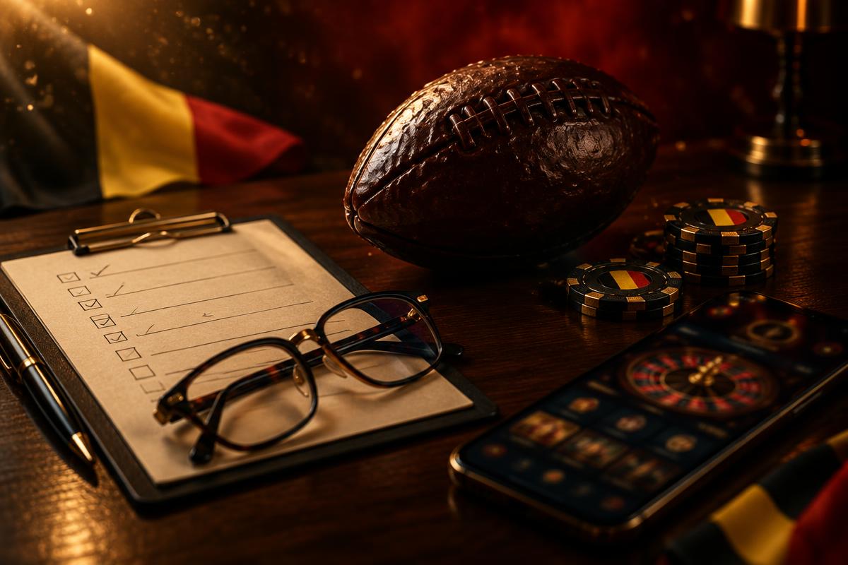 Checkliste mit Lesebrille, Fußball, Smartphone mit Roulette-Ansicht und Casino-Chips