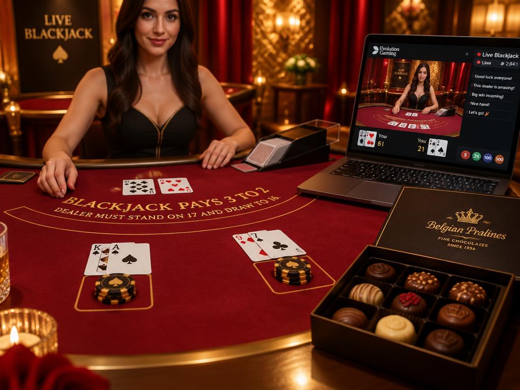 Live Casino Blackjack mit Laptop und Pralinen