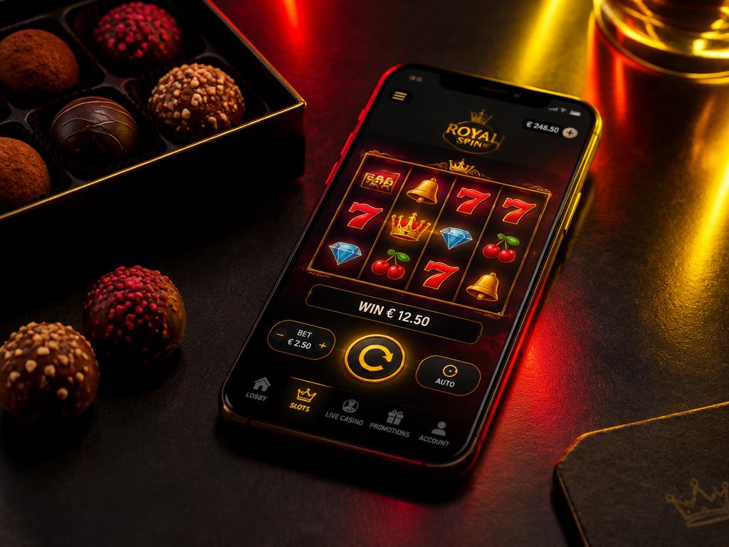 Smartphone mit Online Casino Slot und Pralinen